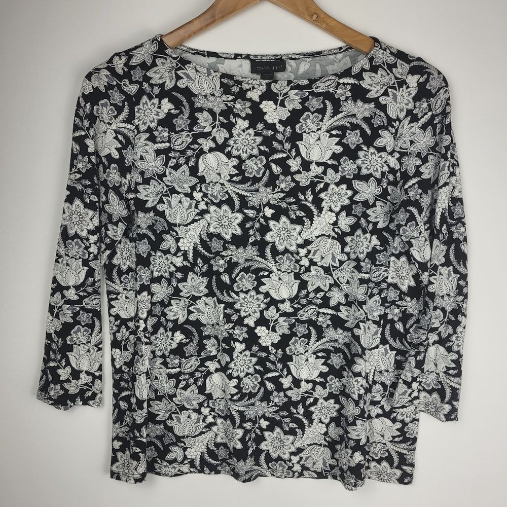 J Jill Wearever Collection Shirt XS Black White Tunic 3/4 Sleeve Boatneck Floral - Picture 1 of 11